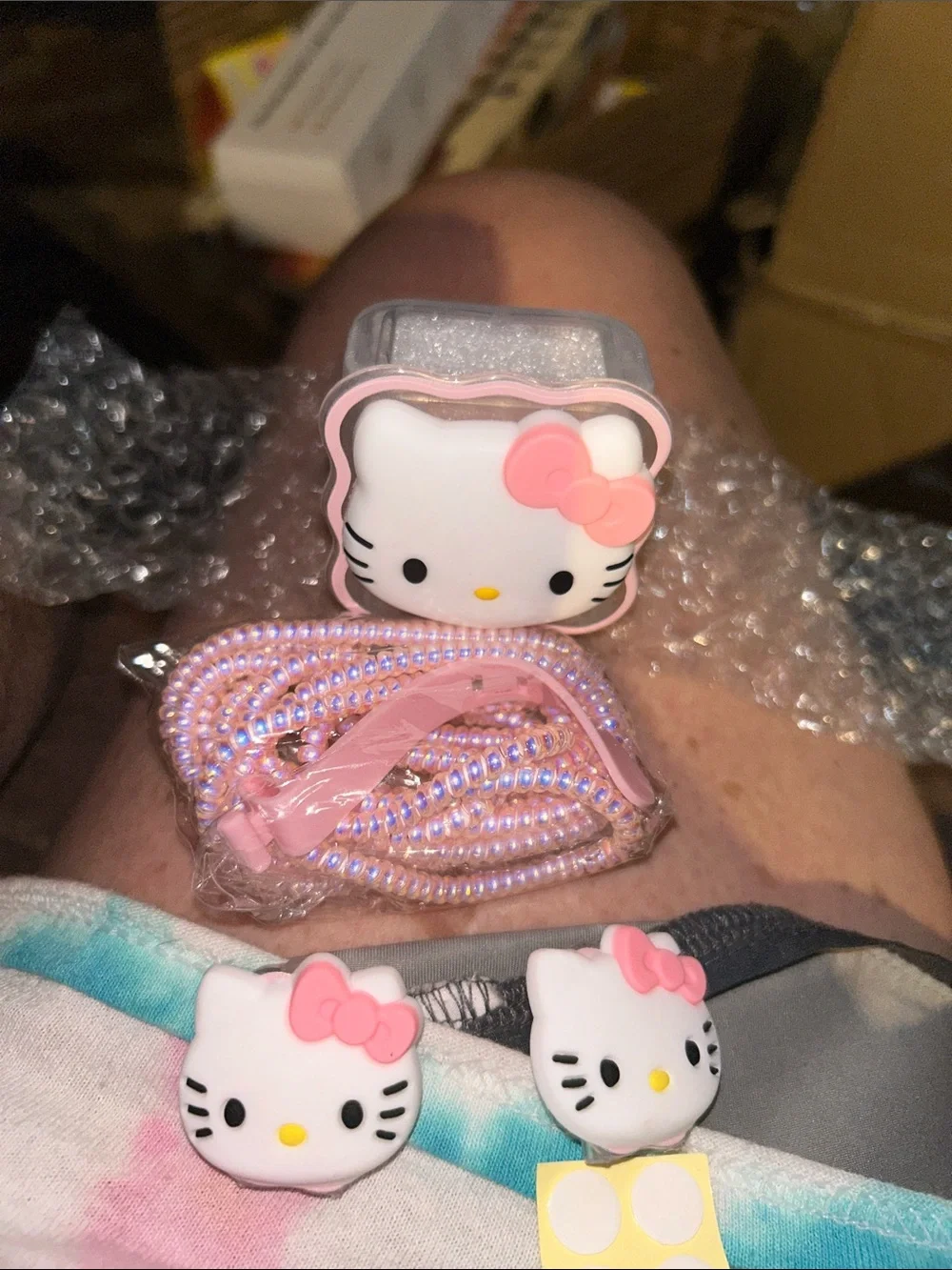 Hello Kitty Pink and White phone charger cover Set with Beaded cord cover